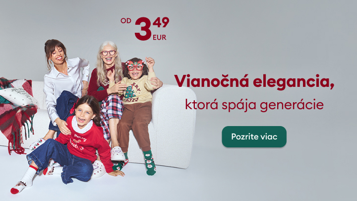 Vianočná kolekcia oblečenia pre celú rodinu za ceny od 3,49 EUR. Elegantné, pohodlné oblečenie, ktoré spája generácie. Reklama pozýva k prezretiu ponuky cez tlačidlo „Pozrite viac“. banner