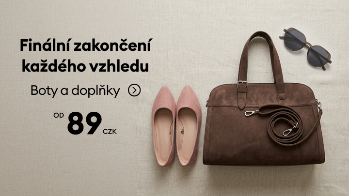 Reklamní sdělení propagující nabídku bot a módních doplňků jako finální doplnění outfitu s cenou od 89 Kč.