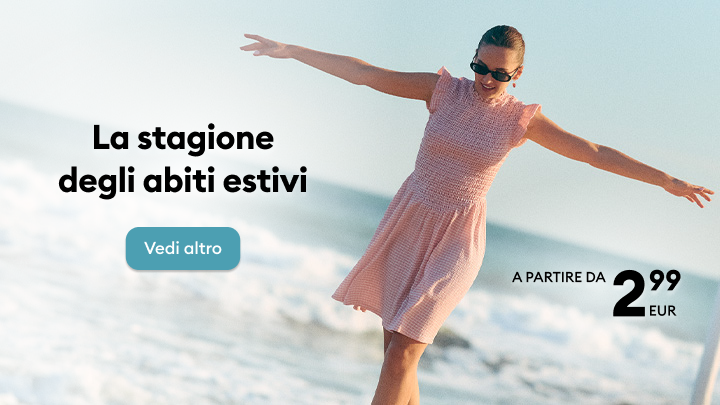 Promozione di abiti estivi da donna, pensata per la stagione calda, con offerta a partire da 2,99 EUR e invito a scoprire la collezione.