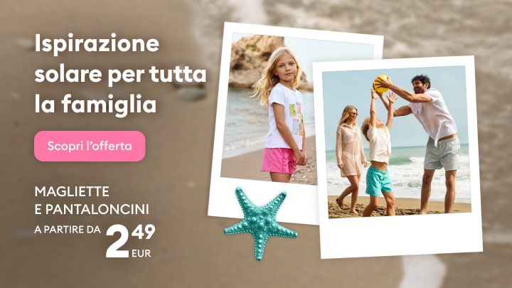 Promozione di magliette e pantaloncini estivi per tutta la famiglia, ideali per il tempo libero e le vacanze al mare