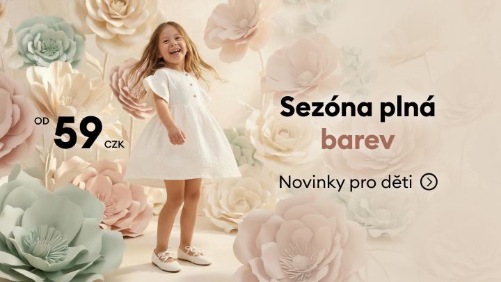 Reklamní banner propagující novou sezónní kolekci dětského oblečení s výhodnou vstupní cenou a výzvou k prohlédnutí novinek pro děti.