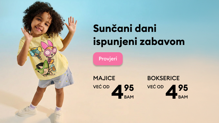 Promotivna poruka za dječiju odjeću, naglašava ljetnu zabavu i povoljne cijene majica i bokserica, uz poziv da se pogleda ponuda.