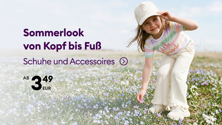 Werbebanner zur Promotion eines Sommerlooks für Kinder mit passenden Schuhen und Accessoires als Inspiration für ein komplettes Outfit.