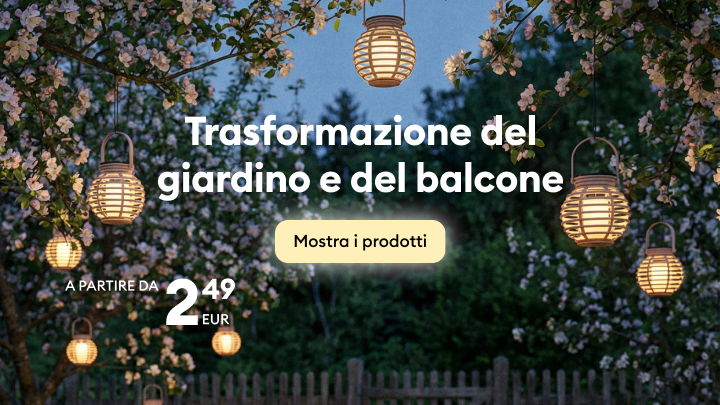 Promozione per valorizzare giardino e balcone con soluzioni decorative e illuminazione per esterni, invitando a scoprire prodotti accessibili per creare un’atmosfera accogliente.