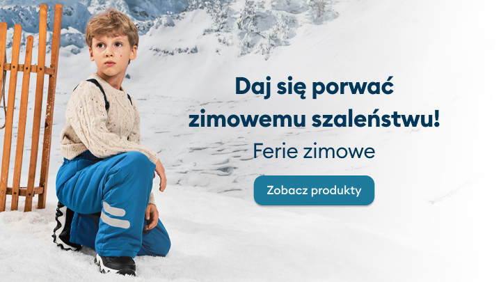 Daj się porwać zimowemu szaleństwu. Tekst zachęca do zapoznania się z ofertą produktów związanych z feriami zimowymi. Przyciskiem na obrazku można sprawdzić dostępne produkty. W tle widoczne zimowe góry i śnieg.