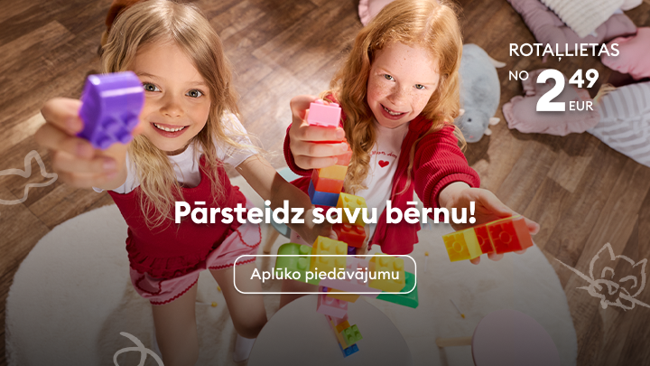 Reklāma bērnu rotaļlietām ar īpašo cenu no 2,49 EUR, aicinot vecākus pārsteigt bērnu un apskatīt piedāvājumu.