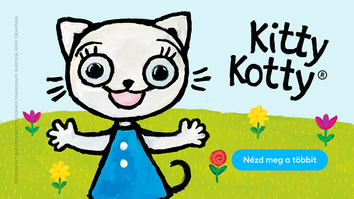 Kitty Kotty egy aranyos, vidám kiscica, aki kék ruhában áll egy színes virágokkal borított zöld réten. Mellette felirat és egy gomb található, amely arra ösztönöz, hogy fedezd fel a többit.