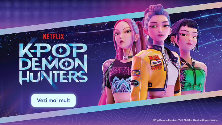 Banner promoțional pentru serialul animat Netflix KPop Demon Hunters, prezentând eroine K‑pop cu tematică de vânătoare de demoni și invitând utilizatorul să descopere conținutul.