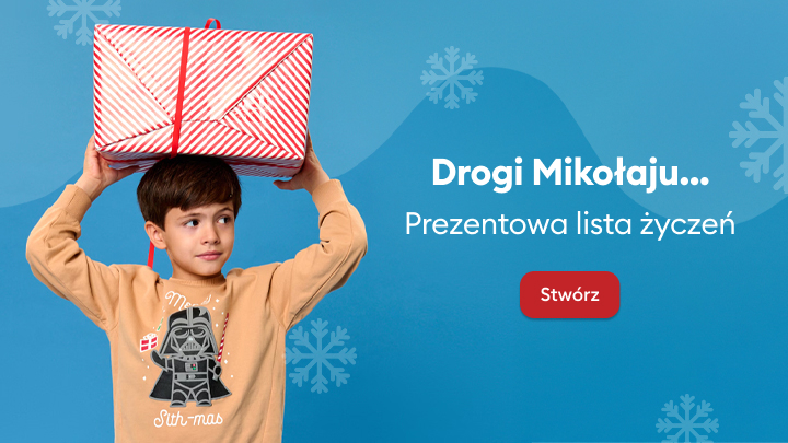 Grafika przedstawia hasło „Drogi Mikołaju… Prezentowa lista życzeń” oraz czerwony przycisk z napisem „Stwórz”. Obraz zachęca do stworzenia listy prezentów na święta w interaktywny sposób. W tle widoczne są świąteczne elementy dekoracyjne, takie jak śnieżynki. banner