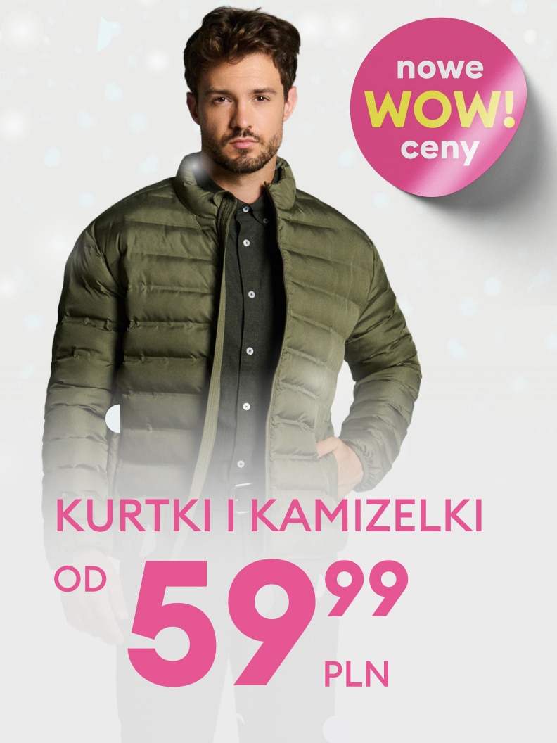 Promocja na zimowe kurtki i kamizelki. Ceny od 59,99 zł. Oferta wyróżniona hasłem „Nowe WOW ceny!”.