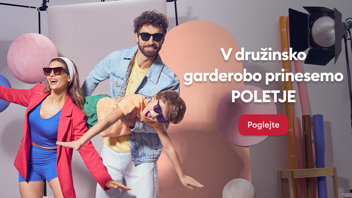 Promocijski banner spodbuja ogled poletne kolekcije oblačil za vso družino in navdihuje k osvežitvi družinske garderobe.
