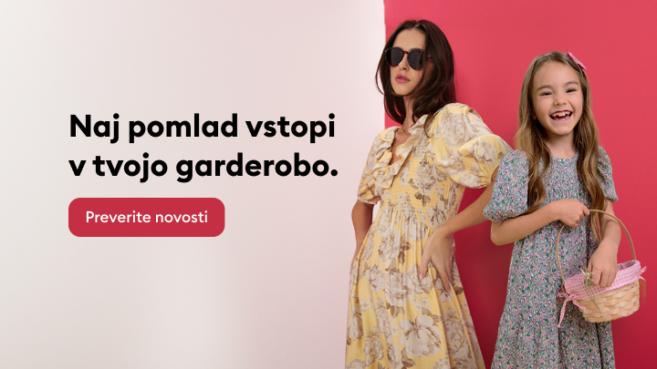 Promocija pomladne modne kolekcije z ženskimi in otroškimi oblekami ter vabilo k ogledu novosti v trgovini.