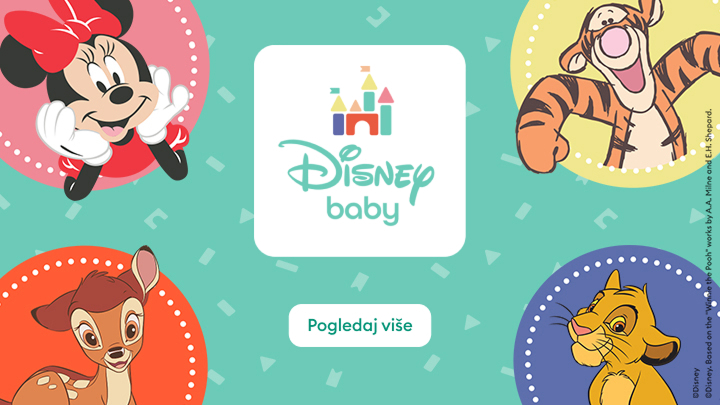 „Disney Baby“ predstavlja omiljene likove za najmlađe: Minnie Mouse, Tigar, Bambi i Simba. Idealno za decu i roditelje koji vole magiju Diznija. Posetite stranicu za više informacija i otkrijte proizvode inspirisane ovim likovima. Kliknite na „Pogledaj više“. banner
