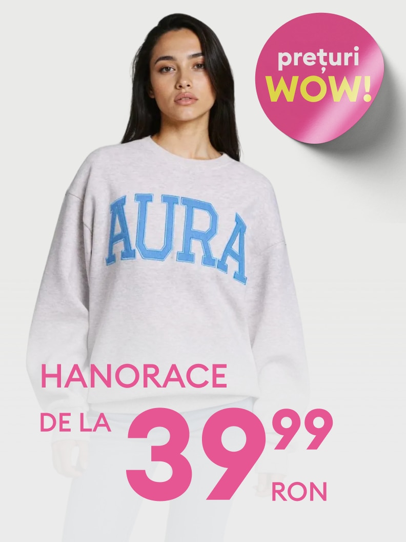 Promovare pentru hanorace casual, evidențiind o ofertă specială cu preț redus pentru achiziție online.