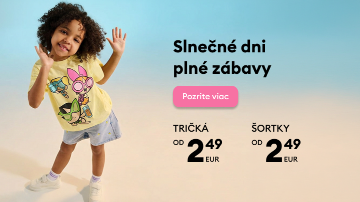 Propagačný banner na letnú detskú kolekciu, lákajúci na zábavu na slnku a zvýhodnené ceny tričiek a šortiek s výzvou na zobrazenie ponuky.