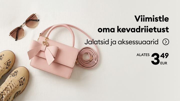 Reklaam kevadrõivastuse täiendamiseks, tutvustades jalatsite ja aksessuaaride valikut ning suunates ostma hooajalisi tooteid.