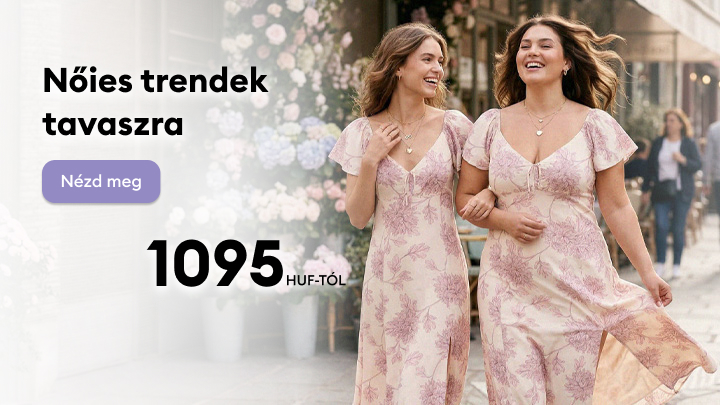 Női tavaszi ruhakollekció népszerűsítése, divatinspiráció és vásárlásra ösztönzés kedvező árú darabokkal.