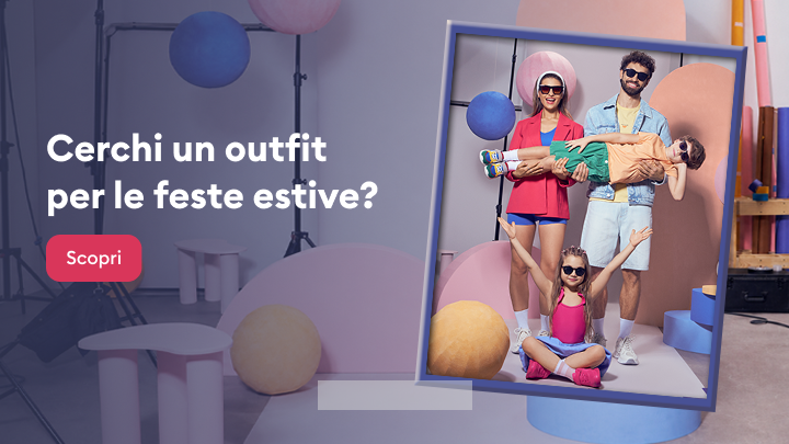 Promozione che invita a scoprire idee di outfit per feste estive, presentando proposte di abbigliamento trendy indossate da un gruppo di giovani.