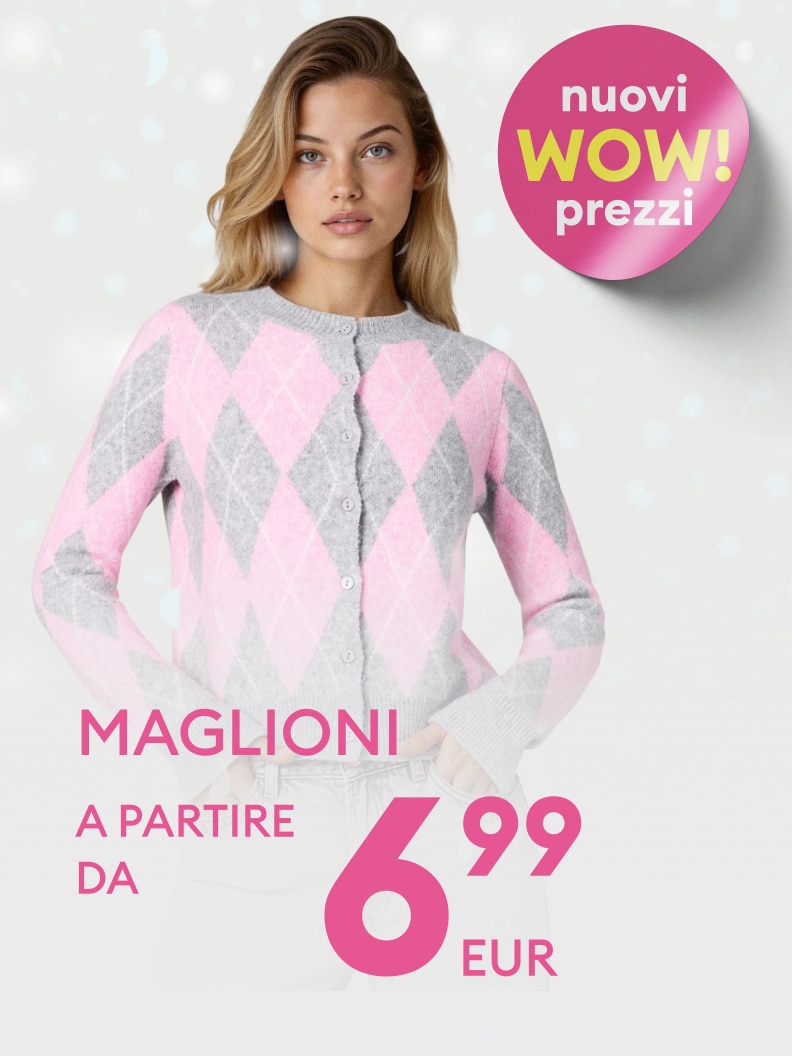 Offerta speciale: maglioni disponibili a partire da 6,99 euro. Nuovi prezzi WOW per capi comodi e moderni. Scopri la collezione e approfitta dei prezzi vantaggiosi. Perfetti per ogni occasione, la scelta ideale per uno stile unico e accessibile.
