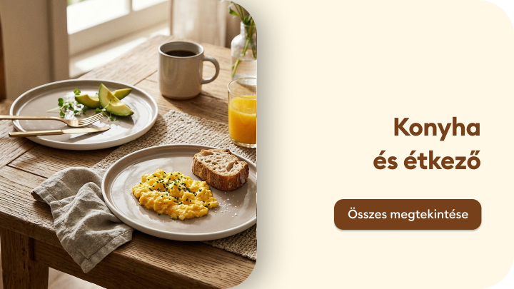 Konyhai és étkezői termékek kategóriájának bemutatása, otthoni főzéshez és tálaláshoz használható eszközökkel.