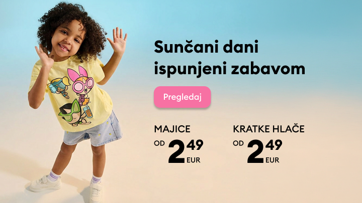 Promotivna poruka za dječju ljetnu odjeću koja potiče na pregled ponude majica i kratkih hlača po povoljnim cijenama, uz naglasak na zabavu tijekom sunčanih dana.