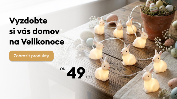 Propagace velikonoční výzdoby do domácnosti s dekoracemi a světelnými figurkami; informuje o nabídce a ceně od 49 Kč a vybízí k prohlížení produktů.