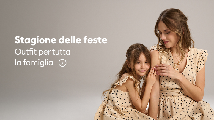 Promozione di outfit coordinati per la stagione delle feste, pensati per tutta la famiglia, con esempi di look abbinati per adulti e bambini.