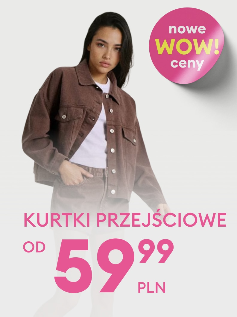 Baner promocyjny informujący o ofercie kurtek przejściowych dostępnych w nowych, obniżonych cenach.