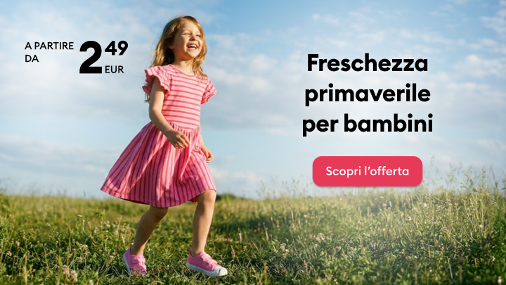 Promozione di abbigliamento primaverile per bambini, con invito a scoprire l’offerta e prezzi a partire da 2,49 EUR.
