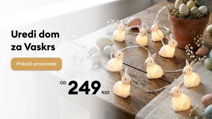Promotivni sadržaj koji poziva na kupovinu dekoracije za uskršnje uređenje doma, sa naglaskom na povoljnu ponudu i pregled dostupnih proizvoda.