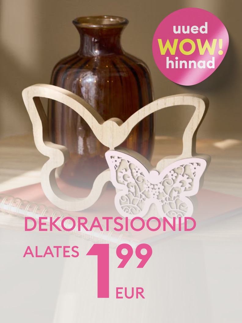 Reklaam kutsub tutvuma kodudekoratsioonidega, rõhutades uut soodushinnaga pakkumist ja taskukohast hinnataset.