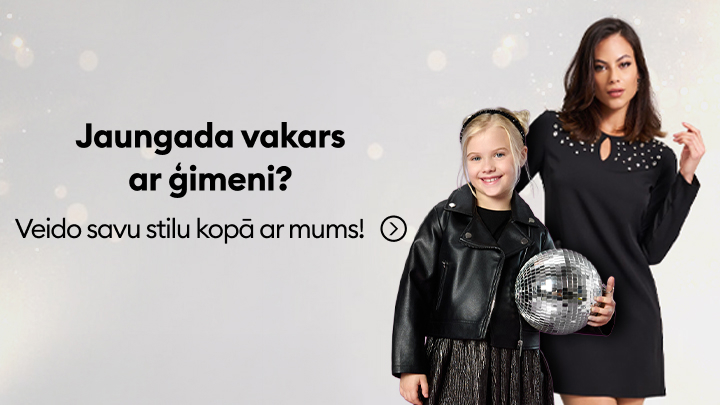 Jaungada vakars ar ģimeni? Veido savu stilu kopā ar mums! Divas personas svētku tērpos un spoguļbumba, kas simbolizē svētku noskaņu. Teksts aicina izveidot unikālu svētku stilu kopā.