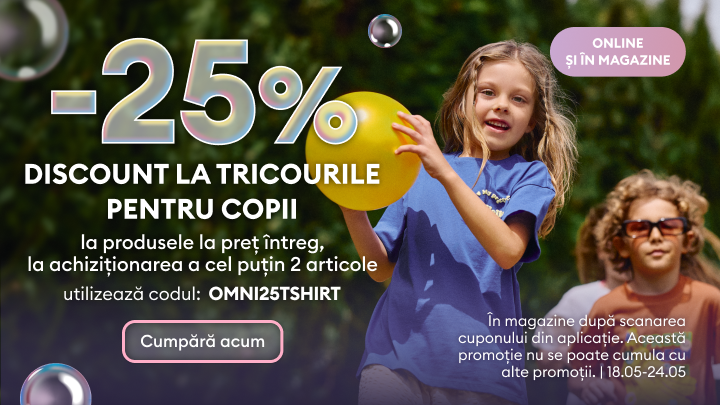 Promoție: reducere 25% la tricouri pentru copii, la produse cu preț întreg, la cumpărarea a minimum 2 articole. Cod OMNI25TSHIRT. Valabil online și în magazine, 18.05–24.05.