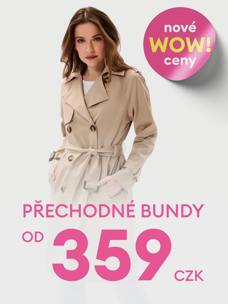 Reklama na přechodné bundy, prezentuje dámský kabát a upozorňuje na výhodnou cenovou nabídku pro zákazníky.