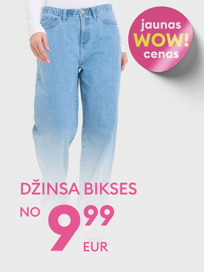 Reklāma par džinsa biksēm ar jaunu īpašo piedāvājumu un pieejamu cenu, aicinot iegādāties izdevīgi.