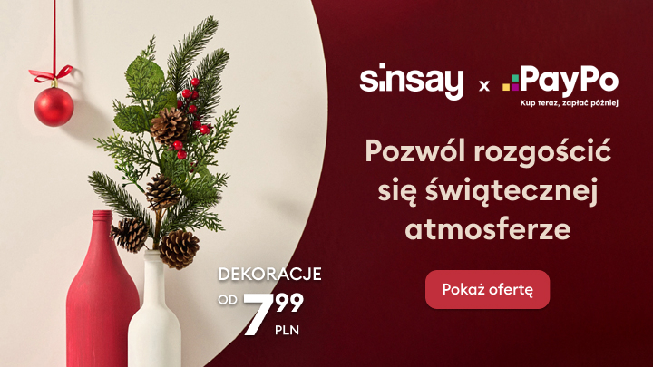 Promocja Sinsay i PayPo. Hasło: „Stół, przy którym chce się świętować”. Oferta obejmuje zastawę, tekstylia oraz akcesoria, dostępne już od 9,99 zł. Możliwość płatności później dzięki PayPo. Idealne produkty na świąteczne dekoracje stołu. banner