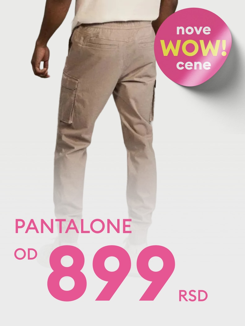 Promocija muških pantalona po sniženoj ceni, dostupne od 899 dinara u okviru novih akcijskih ponuda.