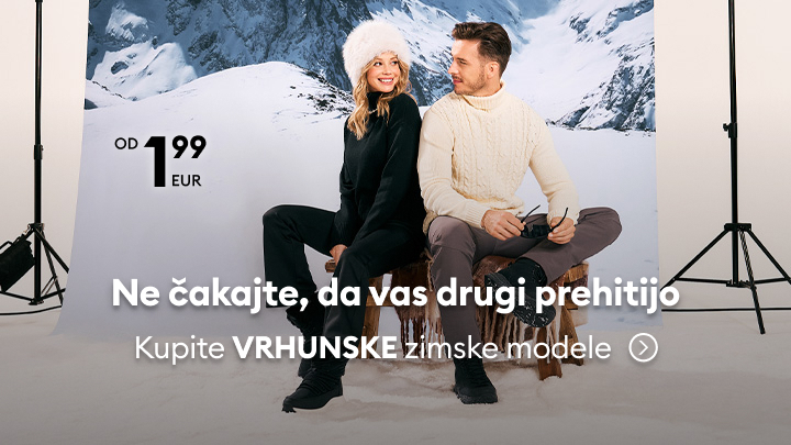Ne čakajte, da vas drugi prehitijo. Kupite vrhunske zimske modele oblačil že od 1,99 EUR. Prikaz zimske kolekcije v sproščenem okolju s snegom in gorami v ozadju.