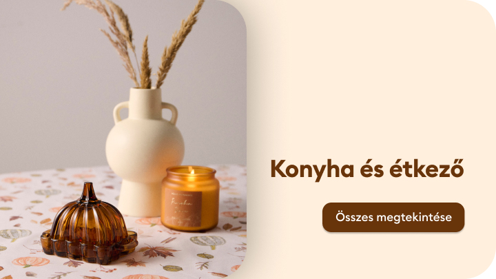 Dekoratív kiegészítők, mint például vázák, gyertyák és üvegdíszek, amelyek a konyha és étkező hangulatát emelik. Gomb: 