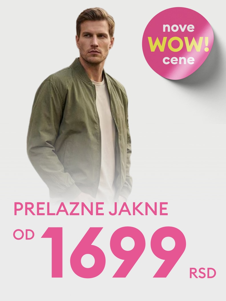 Promotivna poruka za muške prelazne jakne sa istaknutom početnom cenom i ponudom novih povoljnih cena