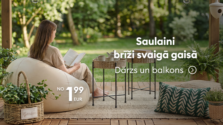 Reklāma dārza un balkona precēm, kas aicina baudīt atpūtu svaigā gaisā un izcelt mājīgu ārtelpu, piedāvājot pieejamus aksesuārus un mēbeles.