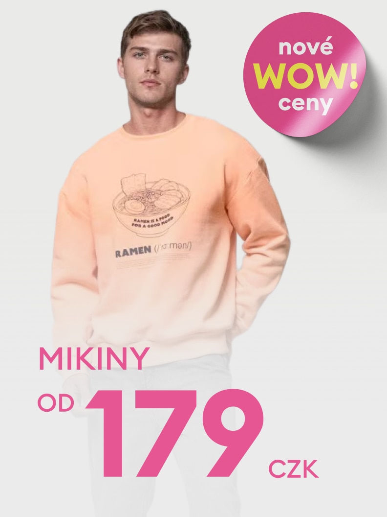 Propagace pánských mikin s grafickým motivem v rámci akční nabídky s výhodnou cenou.