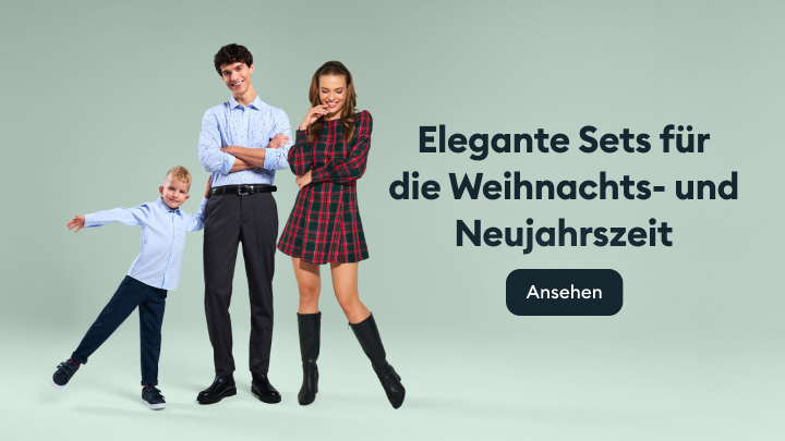 Elegante Sets für die Weihnachts- und Neujahrszeit. Drei Personen in stilvollen Outfits präsentieren Mode für festliche Anlässe. Aufruf, die vorgestellten Kollektionen anzusehen.