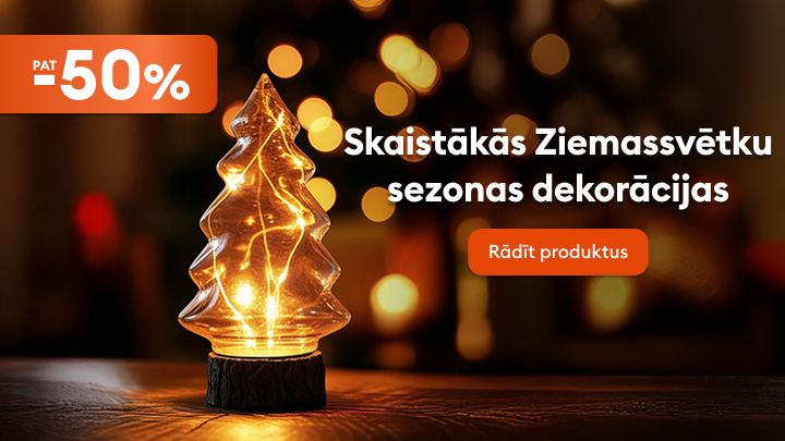 Ziemassvētku dekorācija formas eglītē ar silto gaismu, kas rada svētku atmosfēru. Attēlā redzams piedāvājums ar līdz pat 50% atlaidi skaistākajām Ziemassvētku sezonas dekorācijām. Poga norāda uz produktu apskati.