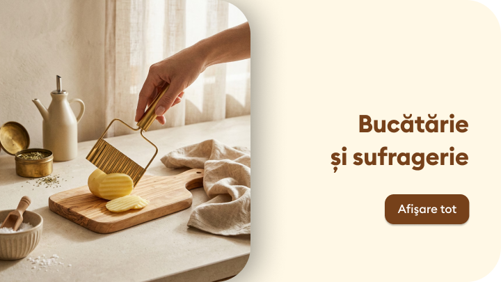 Promovare categorie produse pentru bucătărie și sufragerie, evidențiind un accesoriu de gătit utilizat la prepararea alimentelor acasă.