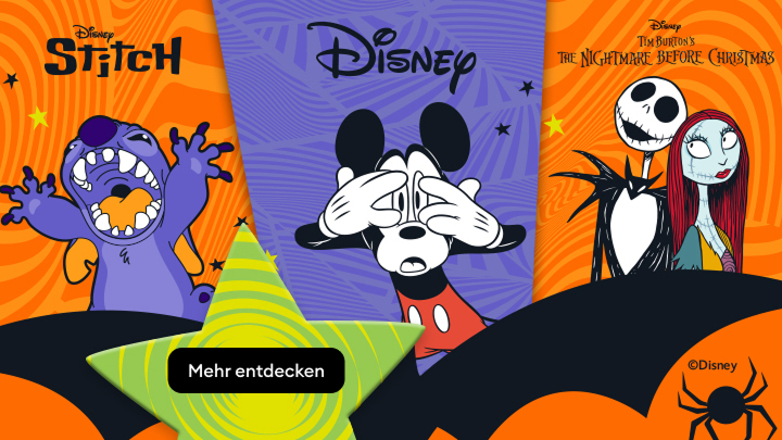 Titel: Disney-Figuren. Beschreibung: Drei ikonische Charaktere aus Disney-Filmen: Stitch, Micky Maus und Jack sowie Sally aus 