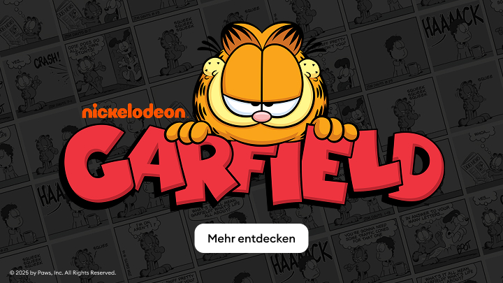 Nickelodeon präsentiert Garfield, den berühmten Comic-Kater, bekannt für seine Vorliebe für Lasagne und seine lockere Lebensart. Im Hintergrund sind Comic-Szenen zu sehen. Unten gibt es eine Schaltfläche mit der Option „Mehr entdecken“. banner