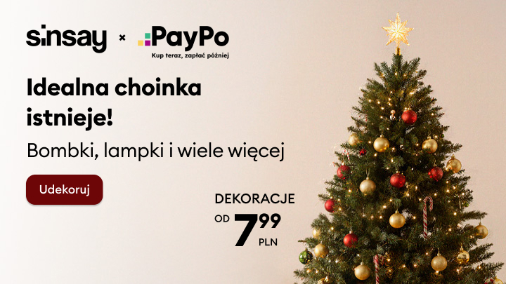 Oferta świąteczna Sinsay z możliwością płatności PayPo. Idealna choinka z bombkami, lampkami i innymi dekoracjami już od 7,99 zł. Sprawdź szczegóły i udekoruj swój dom na Święta. banner