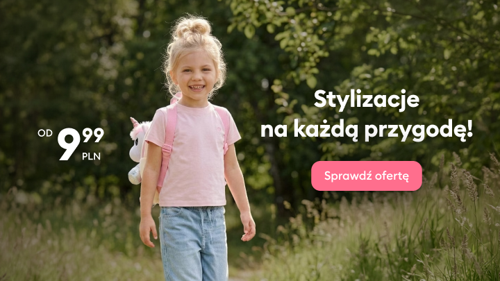 Baner promujący ofertę ubrań dziecięcych na różne przygody i aktywności na świeżym powietrzu, zachęcający do sprawdzenia kolekcji w atrakcyjnej cenie.