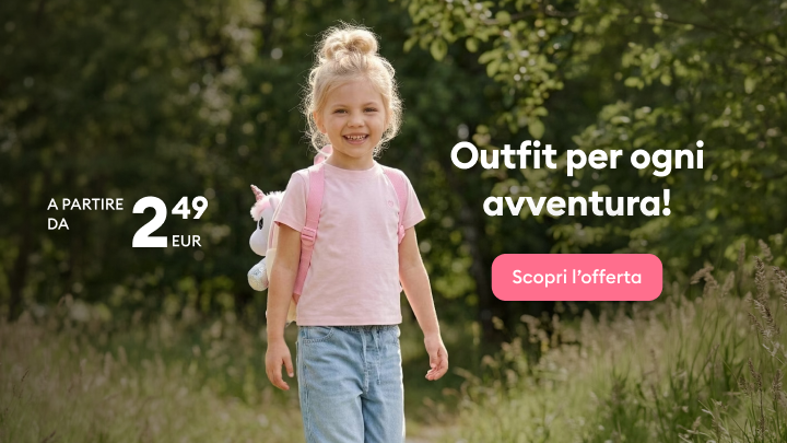 Promozione di outfit per bambini adatti al gioco e alle avventure all’aperto, con invito a scoprire un’offerta conveniente.